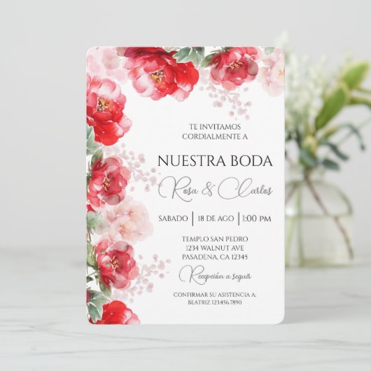 Wasserfarbene Rose Spanische Hochzeitsfeier Einladung (Stehend Vorderseite)