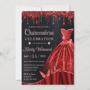 Wasserfarbene rote Glitter-Kleid Quinceanera Einladung