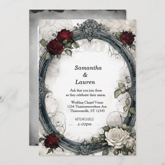 Wasserfarbene Rote Rosen Gerahmt Goth Wedding Einladung (Vorne/Hinten)