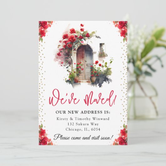 Wasserfarbene Rote Rosen Tür neue Zuhause Ankündigung (Stehend Vorderseite)