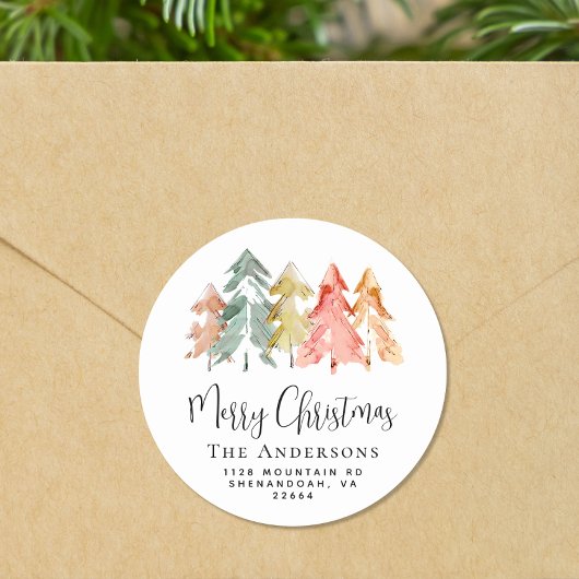 Wasserfarbene Rücksendeadresse der Weihnachtskiefe Runder Aufkleber