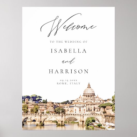 Wasserfarbene Skyline von ROM Reise-Hochzeit Willk Poster (Vorne)