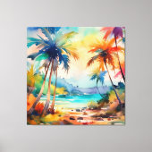 Wasserfarbene Sonne durch den Palmenstrand Leinwanddruck (Vorderseite)