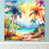 Wasserfarbene Sonne durch den Palmenstrand Leinwanddruck (Insitu (Holzboden))