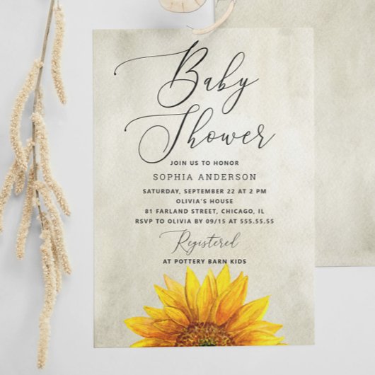 Wasserfarbene Sonnenblume. Rustikale Blütendusche Einladung