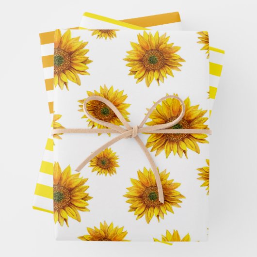 Wasserfarbene Sonnenblume. Rustikales, blumengelbe Geschenkpapier Set (Beispiel)
