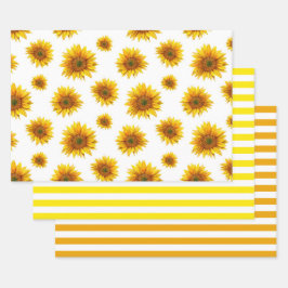 Wasserfarbene Sonnenblume. Rustikales, blumengelbe Geschenkpapier Set