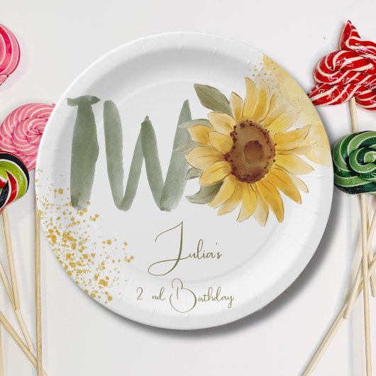 Wasserfarbene Sonnenblume zweite Geburtstag Pappteller