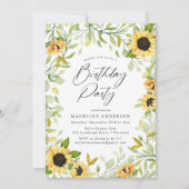 Wasserfarbene Sonnenblumen & Grünpflanzen Geburtst Einladung (Vorderseite)