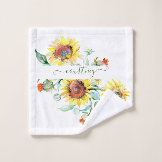 Wasserfarbene Sonnenblumen personalisiert Badhandtuch Set (Waschlappen)