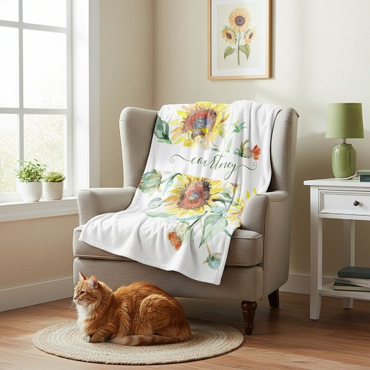 Wasserfarbene Sonnenblumen personalisiert Fleecedecke