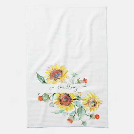 Wasserfarbene Sonnenblumen personalisiert Geschirrtuch (Vertikal)