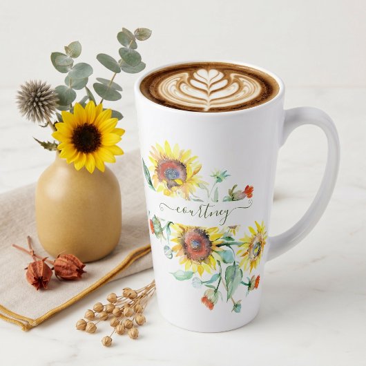 Wasserfarbene Sonnenblumen personalisiert Milchtasse