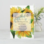 Wasserfarbene Sonnenblumen Save the Date blau Einladung (Stehend Vorderseite)