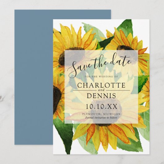 Wasserfarbene Sonnenblumen Save the Date blau Einladung (Vorne/Hinten)