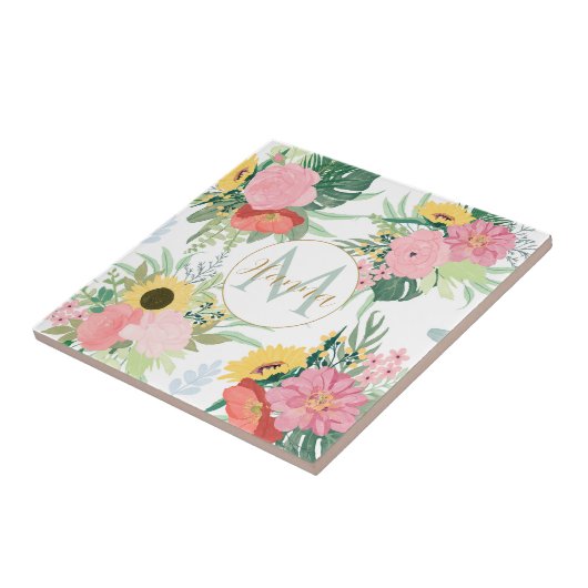 Wasserfarbene Sonnenblumen und Pfeffer Botanisch Fliese (Seite)