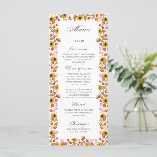 Wasserfarbene Sonnenblumenkürbis Herbstkarte Menükarte (Stehend Vorderseite)