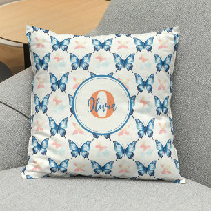 Wasserfarbene stilvolle blaue Schmetterlinge Monog Kissen
