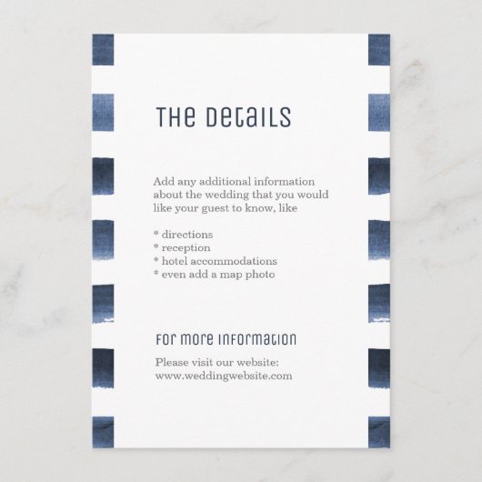 Wasserfarbene Streifen nautische Hochzeitsdetails Begleitkarte (Vorderseite)