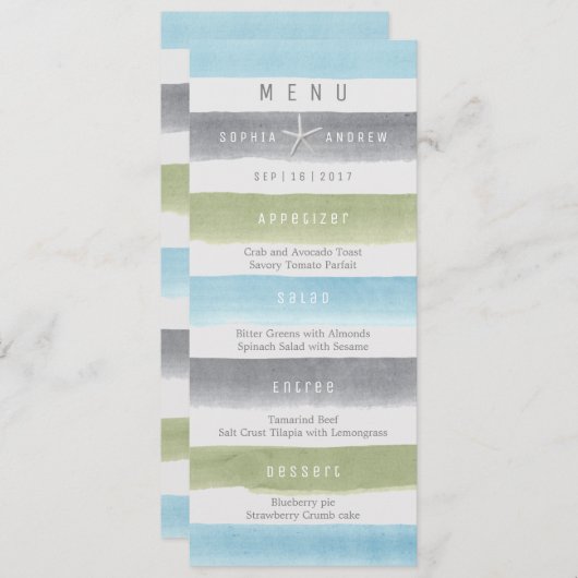 Wasserfarbene Streifen rustikale Hochzeitskarte am Menükarte (Vorne/Hinten)