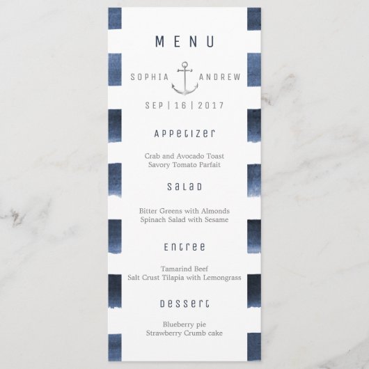 Wasserfarbene Streifen Strand Hochzeitsmenü Menükarte (Vorderseite)