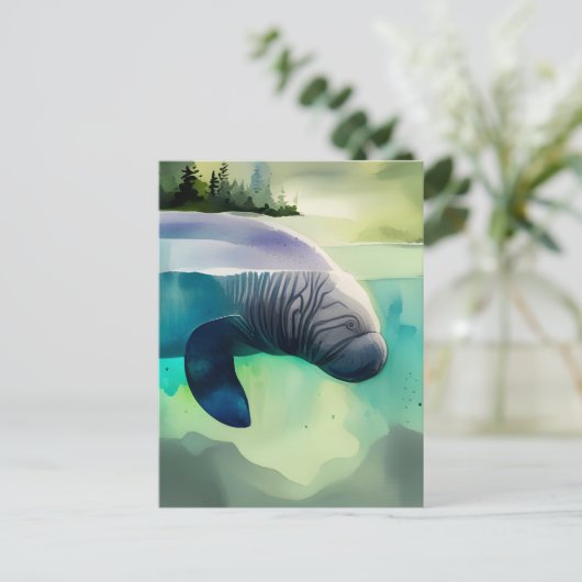 Wasserfarbene Tiere, Manatee, Postüberquerung Postkarte (Stehend Vorderseite)