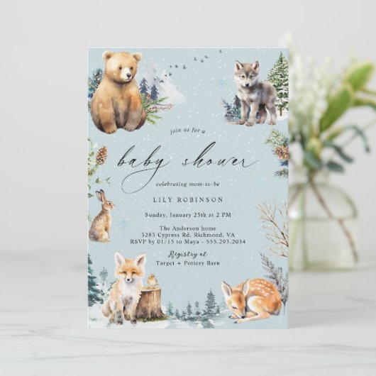 Wasserfarbene Tiere | Woodland Winter Baby Dusche Einladung (Stehend Vorderseite)