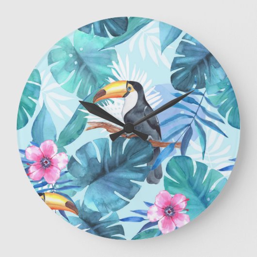 Wasserfarbene Toucans: tropisch nahtlos Große Wanduhr (Vorderseite)