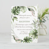 Wasserfarbene tropische Blätter Hochzeitsempfang Einladung (Stehend Vorderseite)