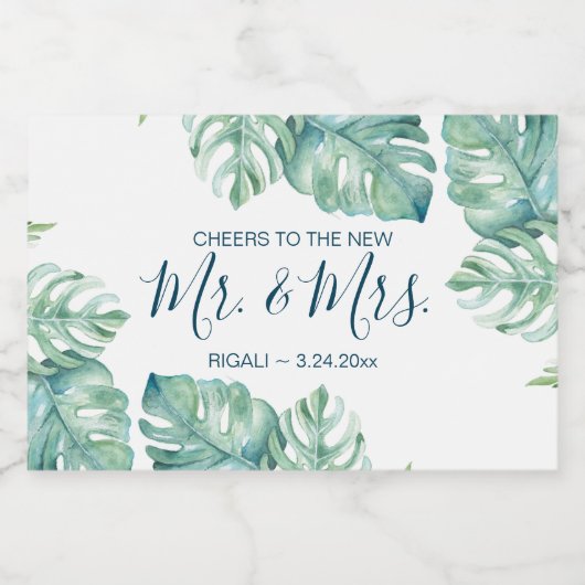 Wasserfarbene tropische Blätter Hochzeitsempfang Schaumweinetikett (Einzelnes Label)