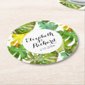 Wasserfarbene tropische Blätter Hochzeitsmonogramm Runder Pappuntersetzer (Angewinkelt)