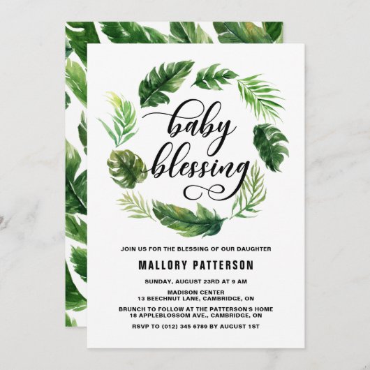 Wasserfarbene tropische Blätter Wreath Baby Segen Einladung (Vorne/Hinten)