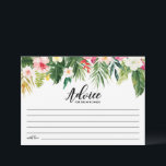 Wasserfarbene tropische Blume Hochzeiten Hinweiskarte<br><div class="desc">Mit dieser Hochzeitsratenkarte geben Sie den Neuvermählten Rat und Wünsche. Es zeigt Aquarellbilder tropischer Blume und Vegetation mit einem passenden tropischen Muster für die Rückseite der Karte. Dieser Gutschein eignet sich hervorragend für tropische Themen und Hochzeiten im Sommer. Matching-Elemente sind verfügbar.</div>