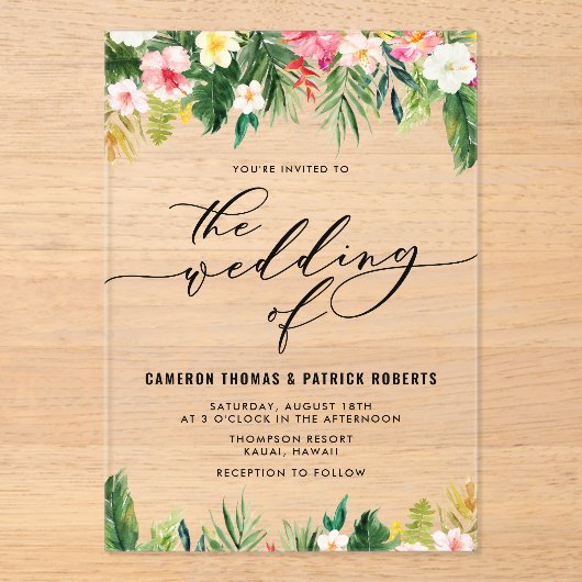 Wasserfarbene tropische Blume Sommerhochzeit Acryleinladungen (Vorderseite)
