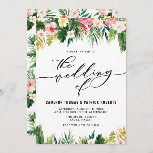 Wasserfarbene tropische Blume Sommerhochzeit Einladung (Vorne/Hinten)