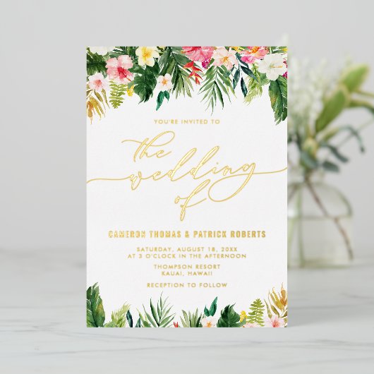 Wasserfarbene tropische Blume Sommerhochzeit Folieneinladung (Stehend vorne)