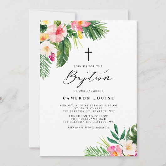 Wasserfarbene tropische Blume Sommertaufe Einladung (Vorderseite)
