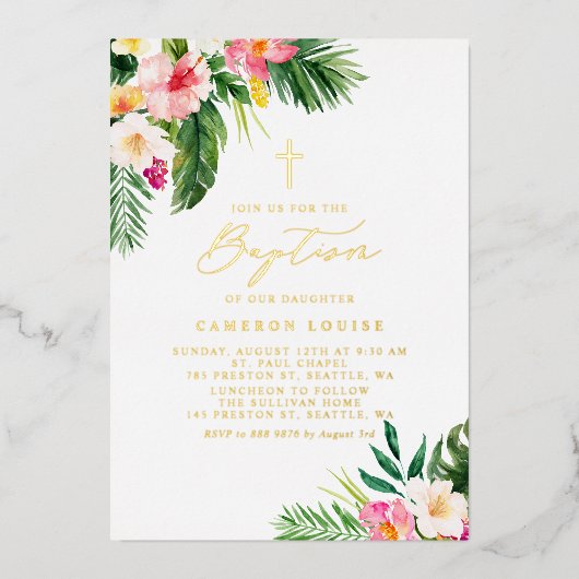 Wasserfarbene tropische Blume Sommertaufe Folieneinladung (Vorderseite)