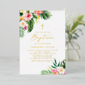 Wasserfarbene tropische Blume Sommertaufe Folieneinladung (Stehend vorne)