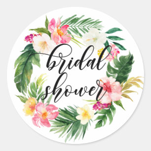 Wasserfarbene tropische Blumenkranz-Brautparty Runder Aufkleber