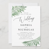 Wasserfarbene tropische botanische Hochzeit. Palm- Einladung (Vorderseite)