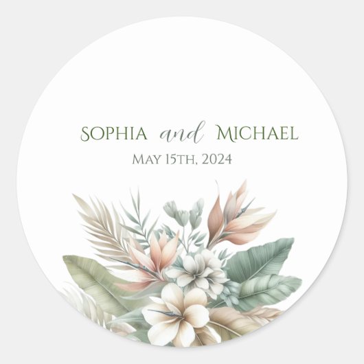 Wasserfarbene tropische Elegance - Hochzeitsticker Runder Aufkleber (Vorderseite)