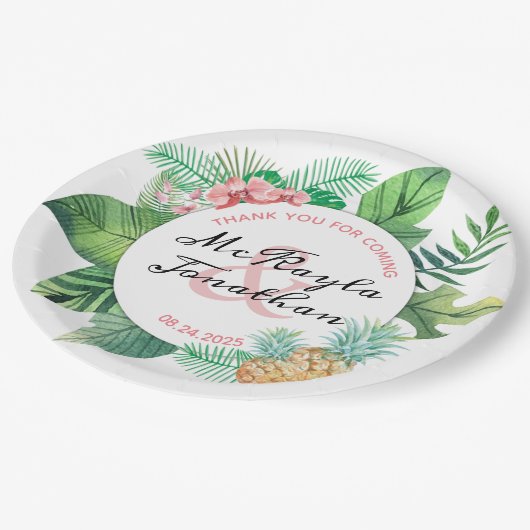 Wasserfarbene tropische Hochzeitsananas-Orchideenl Pappteller (Schrägansicht)