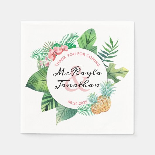 Wasserfarbene tropische Hochzeitsananas-Orchideenl Serviette (Vorderseite)