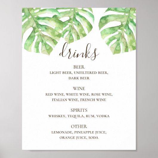 Wasserfarbene tropische Pflanzen Hochzeitsgetränke Poster (Vorne)