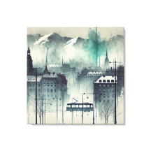 Wasserfarbene Urban Szene mit Bergen, Bäumen und