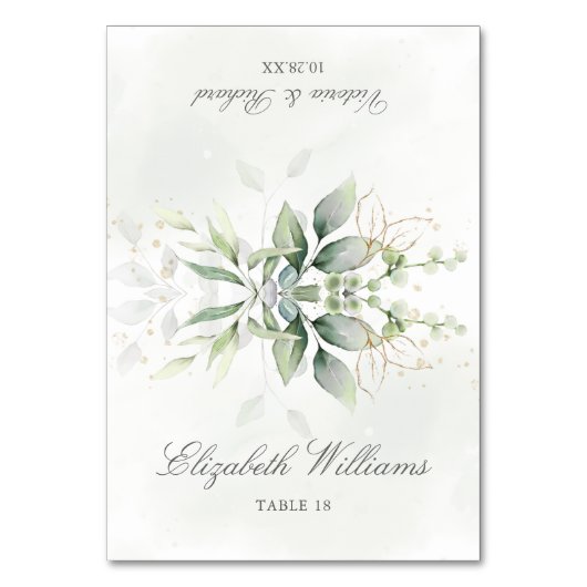 Wasserfarbene Vegetation Elegante Hochzeit-Platzka Tischnummer (Vorderseite)