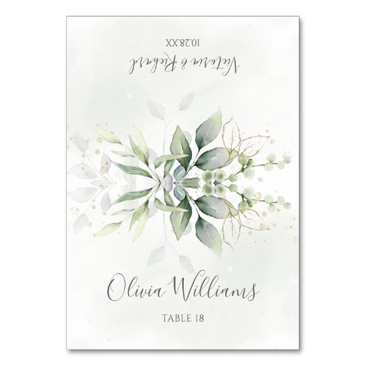 Wasserfarbene Vegetation Elegante Hochzeit-Platzka Tischnummer (Vorderseite)