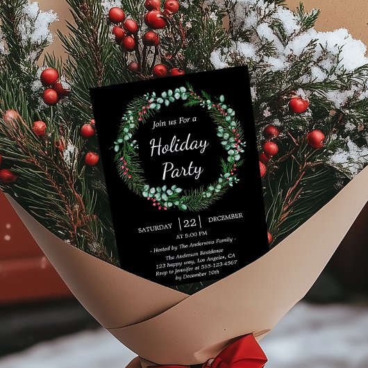 Wasserfarbene Vegetation Elegantes Schwarzes Party Einladung