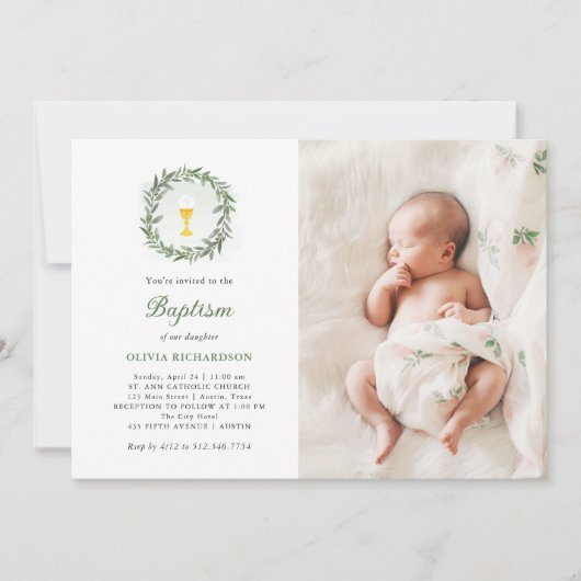 Wasserfarbene Vegetation und Chalice | Foto-Taufe Einladung (Vorderseite)